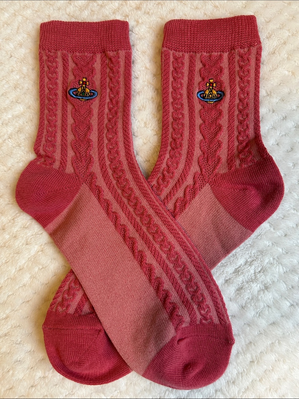 NWOT Vivienne Westwood Unisex Cable Knit Crew SockS With Orb Logo - Rose Pink